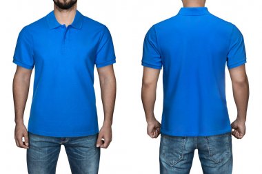 boş mavi polo gömlek, ön ve arkadan görünüm, erkeklerde izole beyaz arka plan. Polo gömlek, şablon ve baskı için mockup tasarım.