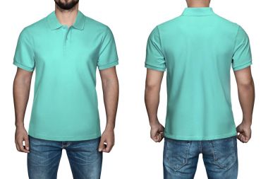 boş turkuaz polo gömlek, ön ve arkadan görünüm, erkeklerde izole beyaz arka plan. Polo gömlek, şablon ve baskı için mockup tasarım.