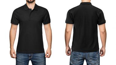 men in blank black polo shirt, front and back view, isolated white background. Design polo shirt, template and mockup for print. clipart