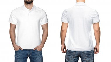 Boş beyaz polo gömlek, ön ve arkadan görünüm, erkeklerde izole beyaz arka plan. Polo gömlek, şablon ve baskı için mockup tasarım.