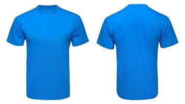 boş mavi t-shirt sahte kadar şablon, önden ve arkadan görünüm, izole beyaz arka plan