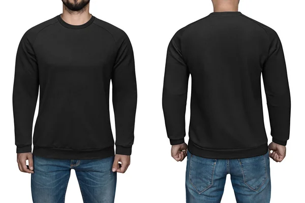 Mannen in lege zwarte trui-, voor- en achteraanzicht, geïsoleerd witte achtergrond. Sweatshirt, sjabloon en mockup voor afdrukken ontwerpen. — Stockfoto