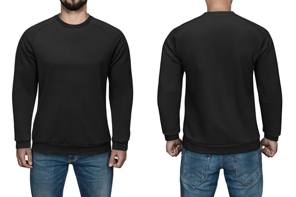 Hombres en jersey negro en blanco, vista frontal y trasera, fondo blanco aislado. Sudadera de diseño, plantilla y maqueta para imprimir . —  Fotos de Stock