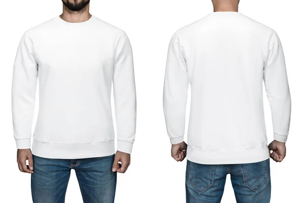 Mannen in lege witte pullover-, voor- en achteraanzicht, geïsoleerd witte achtergrond. Sweatshirt, sjabloon en mockup voor afdrukken ontwerpen. — Stockfoto