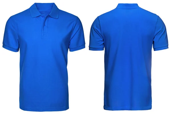 Branco camisa pólo azul, vista frontal e traseira, fundo branco isolado. Camisa de polo de design, modelo e maquete para impressão . — Fotografia de Stock