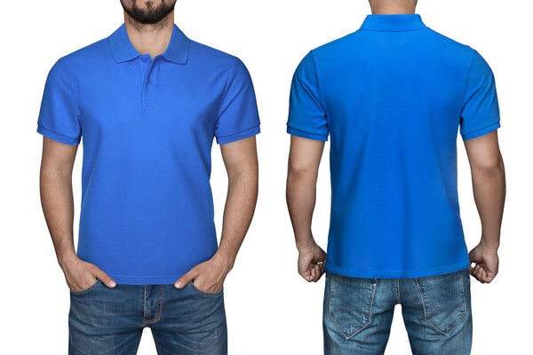 men in blank blue polo shirt, front and back view, isolated white background. Design polo shirt, template and mockup for print.