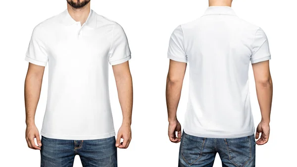 空白の白いポロシャツ、前面、背面、男性は、白い背景を分離しました。デザインのポロシャツ、テンプレートと印刷用モックアップ. — ストック写真