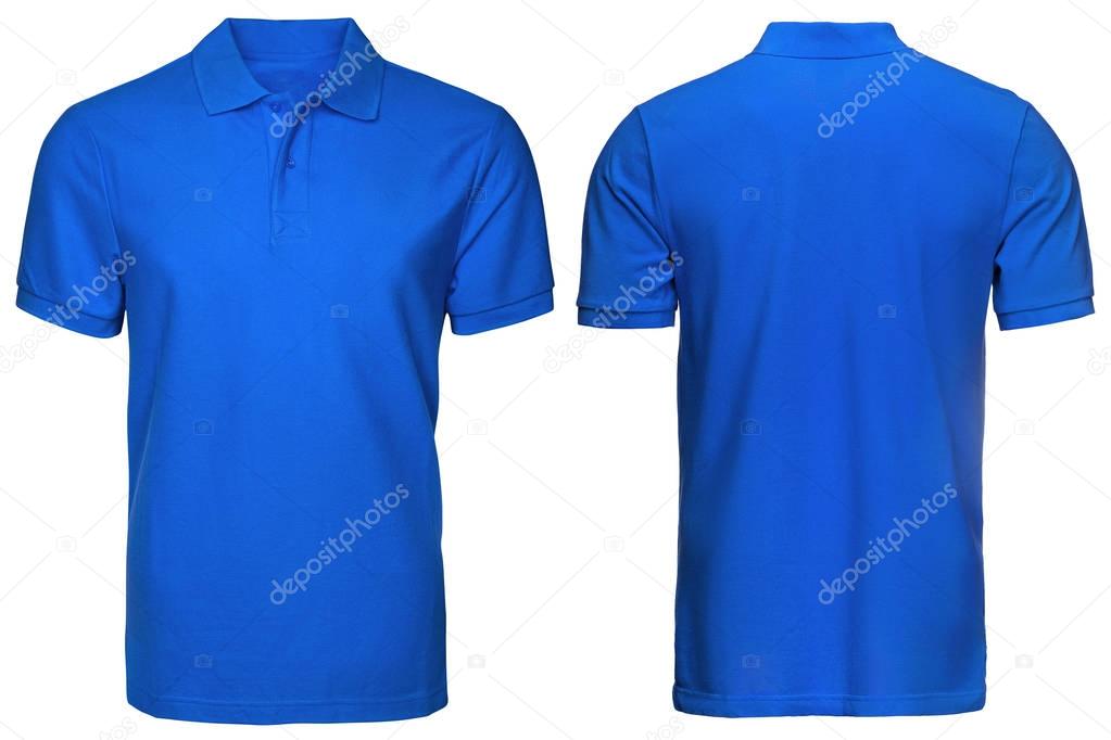 blank blue polo shirt, front and back view, isolated white background. Design polo shirt, template and mockup for print.