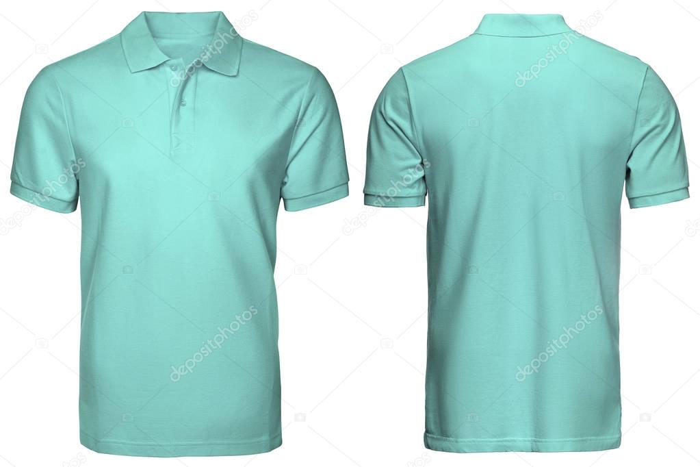 blank turquoise polo shirt, front and back view, isolated white background. Design polo shirt, template and mockup for print.