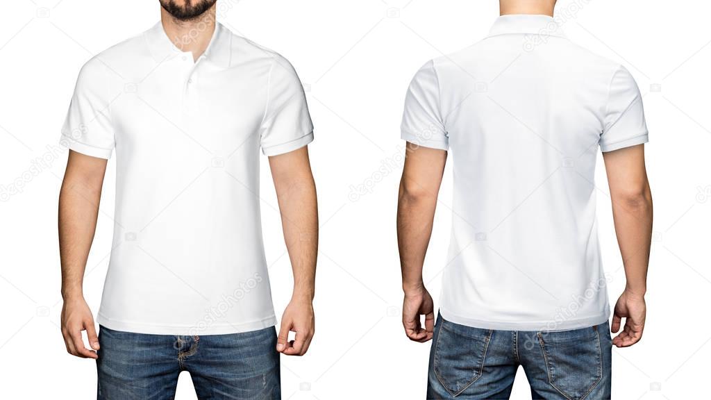 men in blank white polo shirt, front and back view, isolated white background. Design polo shirt, template and mockup for print.