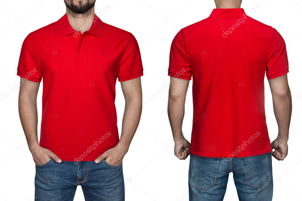 men in blank red polo shirt, front and back view, isolated white background. Design polo shirt, template and mockup for print.