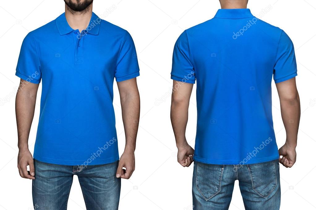 men in blank blue polo shirt, front and back view, isolated white background. Design polo shirt, template and mockup for print.