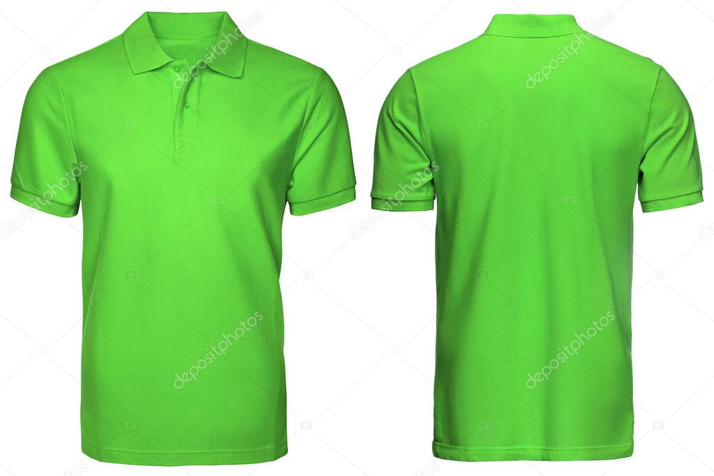 blank green polo shirt, front and back view, isolated white background. Design polo shirt, template and mockup for print.