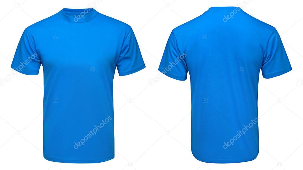 blank blue t-shirt mock up template, front and back view, isolated white background