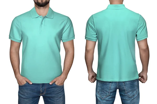 Homens em branco camisa polo turquesa, vista frontal e traseira, fundo branco isolado. Camisa de polo de design, modelo e maquete para impressão . — Fotografia de Stock