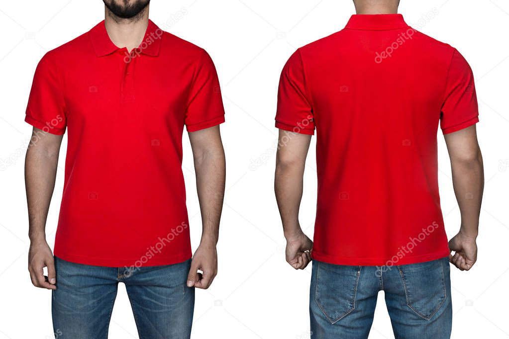 men in blank red polo shirt, front and back view, isolated white background. Design polo shirt, template and mockup for print.