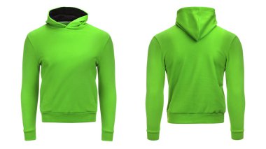 Beyaz arka plan üzerinde kırpma yolu, erkek kazak tasarım mockup ve şablon baskı, ile boş yeşil erkek kapüşonlu sweatshirt izole.