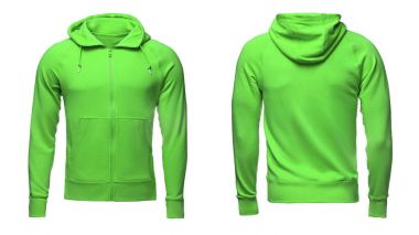 Beyaz arka plan üzerinde kırpma yolu, erkek kazak tasarım mockup ve şablon baskı, ile boş yeşil erkek kapüşonlu sweatshirt izole.