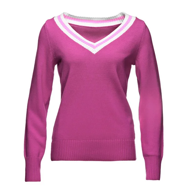 Lege roze vrouwelijke trui met uitknippad, voor uw ontwerp mockup en sjabloon om af te drukken, geïsoleerd witte achtergrond. — Stockfoto
