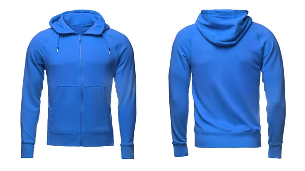 Lege blauwe mannelijke hoodie sweatshirt met uitknippad, heren pullover voor uw ontwerp mockup en sjabloon om af te drukken, geïsoleerd witte achtergrond. — Stockfoto