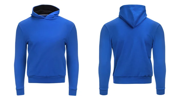 Lege blauwe mannelijke hoodie sweatshirt met uitknippad, heren pullover voor uw ontwerp mockup en sjabloon om af te drukken, geïsoleerd witte achtergrond. — Stockfoto