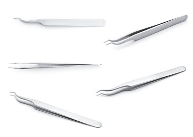 boş şablon tasarımınızın beyaz arka plan yapay ya da sahte kirpik için metal cımbız ayarla