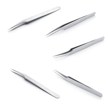 boş şablon tasarımınızın beyaz arka plan yapay ya da sahte kirpik için metal cımbız ayarla