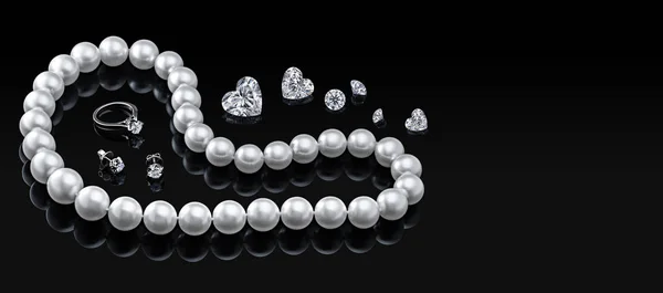 豪華なセット白い真珠のネックレスとジュエリー ダイヤモンドのリングとピアス黒背景に光沢のある反射、あなたのデザインやコピーのスペースのための空のテンプレートのテキスト — ストック写真