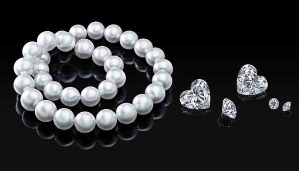 Lujo conjunto de collar de perlas blancas y diamantes sobre un fondo negro con reflejo brillante y plantilla en blanco para su diseño o copiar el espacio de su texto — Foto de Stock
