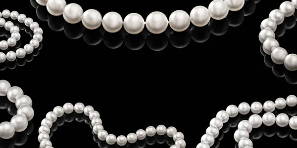 Luxury set white pearl necklace on a black background with glossy reflection and blank  template for your design  or copy space  your text — Stock Photo, Image