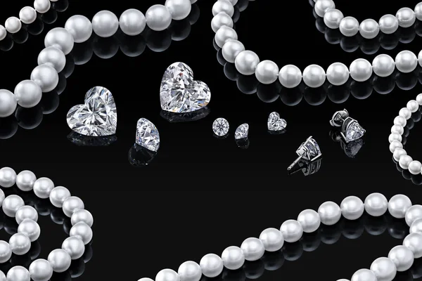 Ensemble de luxe collier de perles blanches et bijoux avec diamants en boucles d'oreilles sur un fond noir avec reflet brillant et gabarit vierge pour votre conception ou copier l'espace de votre texte — Photo