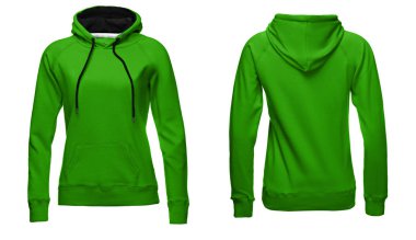 Kırpma yolunu, yeşil kapşonlu mock-up beyaz zemin üzerine izole boş kazak şablon, ön ve arka görünümü. Giysi hoody kazak tasarım sunum için yazdırma