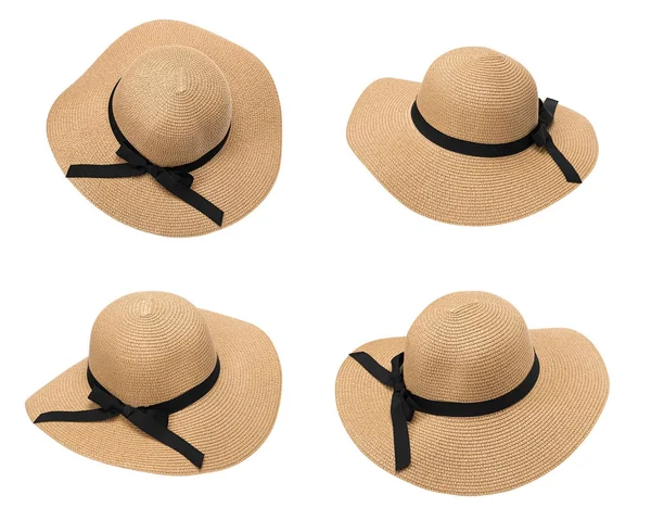 Beyaz arka plan üzerinde izole kurdele ile kadın yaz sarı hasır şapka