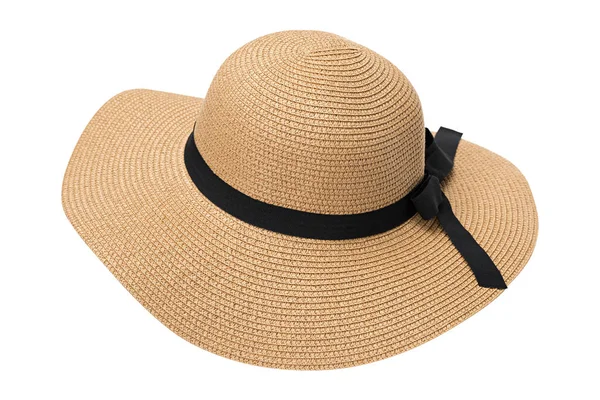 Dámské letní žluté slaměný klobouk s mašlí, izolované na bílém pozadí — Stock fotografie
