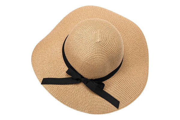 여자 여름 노란 흰색 배경에 고립 된 리본 밀 짚 모자 — 스톡 사진