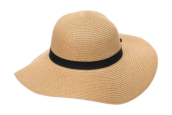 Womens summer yellow straw hat with the ribbon, isolated on white background — Stock Photo, Image