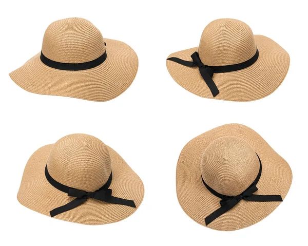 Női nyári sárga szalma kalap szalaggal, elszigetelt fehér background — Stock Fotó