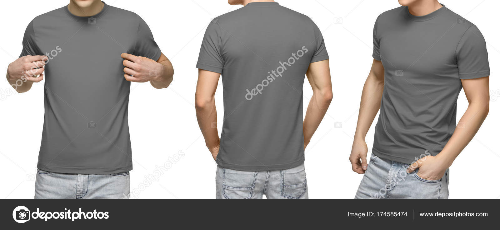 Young male in blank gray t-shirt, front and back view, isolated white ...