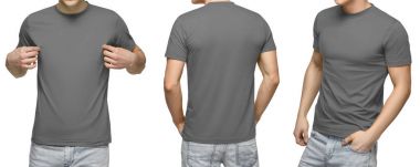 Genç erkek boş gri t-shirt, önden ve arkadan görünüm, kırpma yolu ile izole beyaz arka plan. Tasarım erkek tshirt şablonu ve mockup yazdırma