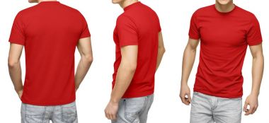 Genç erkek boş kırmızı t-shirt, önden ve arkadan görünüm, kırpma yolu ile izole beyaz arka plan. Tasarım erkek tshirt şablonu ve mockup yazdırma