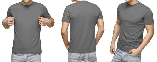 Hombre joven en camiseta gris en blanco, vista frontal y trasera, fondo blanco aislado con camino de recorte. Plantilla de camiseta de hombre de diseño y maqueta para imprimir — Foto de Stock