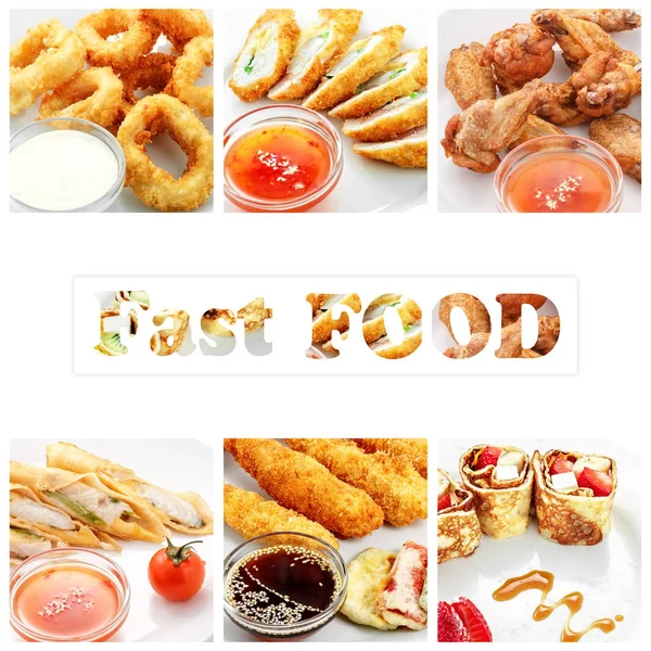 Collage van diverse fastfood producten op witte achtergrond — Stockfoto