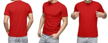 Genç erkek boş mavi t-shirt, önden ve arkadan görünüm, kırpma yolu ile izole beyaz arka plan. Tasarım erkek tshirt şablonu ve mockup yazdırma