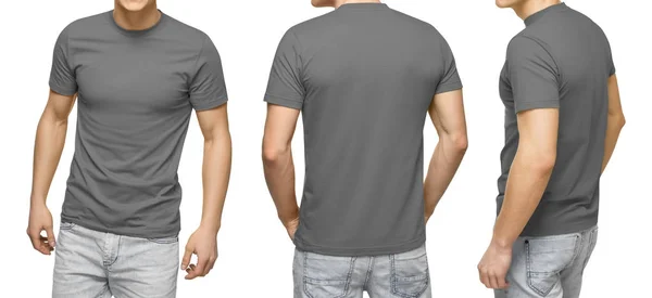 Hombre joven en camiseta gris en blanco, vista frontal y trasera, fondo blanco aislado con camino de recorte. Plantilla de camiseta de hombre de diseño y maqueta para imprimir —  Fotos de Stock