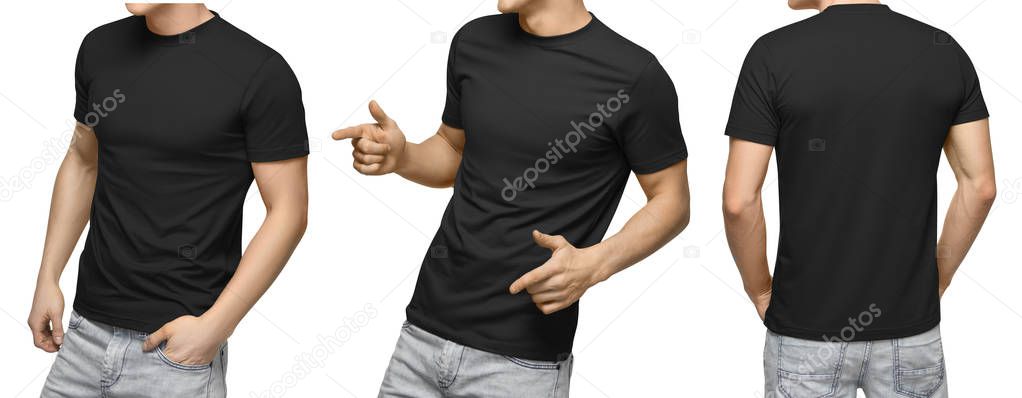 Young male in blank black T-shirt, front and back view, isolated white background with clipping path. Design men tshirt template and mockup for print