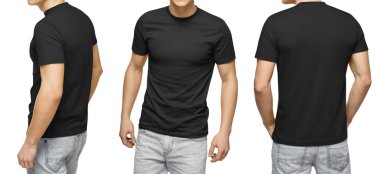 Genç erkek boş siyah t-shirt, önden ve arkadan görünüm, kırpma yolu ile izole beyaz arka plan. Tasarım erkek tshirt şablonu ve mockup yazdırma