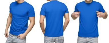 Genç erkek boş mavi t-shirt, önden ve arkadan görünüm, kırpma yolu ile izole beyaz arka plan. Tasarım erkek tshirt şablonu ve mockup yazdırma
