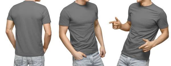 Genç erkek boş gri t-shirt, önden ve arkadan görünüm, kırpma yolu ile izole beyaz arka plan. Tasarım erkek tshirt şablonu ve mockup yazdırma — Stok fotoğraf