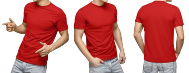 Genç erkek boş mavi t-shirt, önden ve arkadan görünüm, kırpma yolu ile izole beyaz arka plan. Tasarım erkek tshirt şablonu ve mockup yazdırma