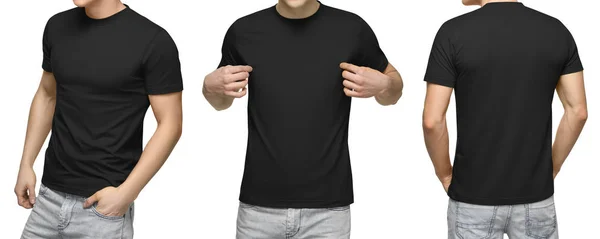Hombre joven en camiseta negra en blanco, vista frontal y trasera, fondo blanco aislado con camino de recorte. Plantilla de camiseta de hombre de diseño y maqueta para imprimir —  Fotos de Stock